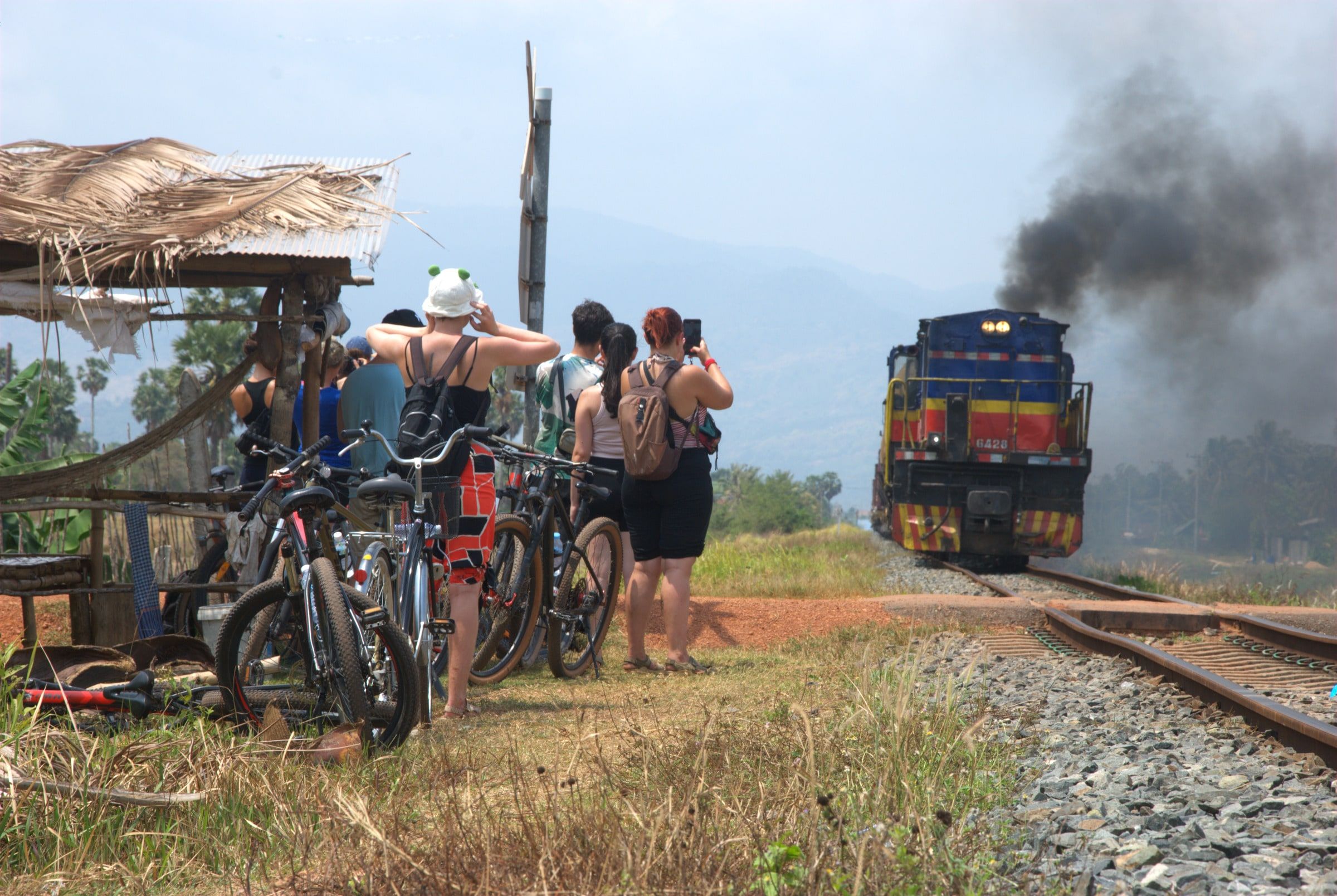 The group watching a train pass from beside the tracks