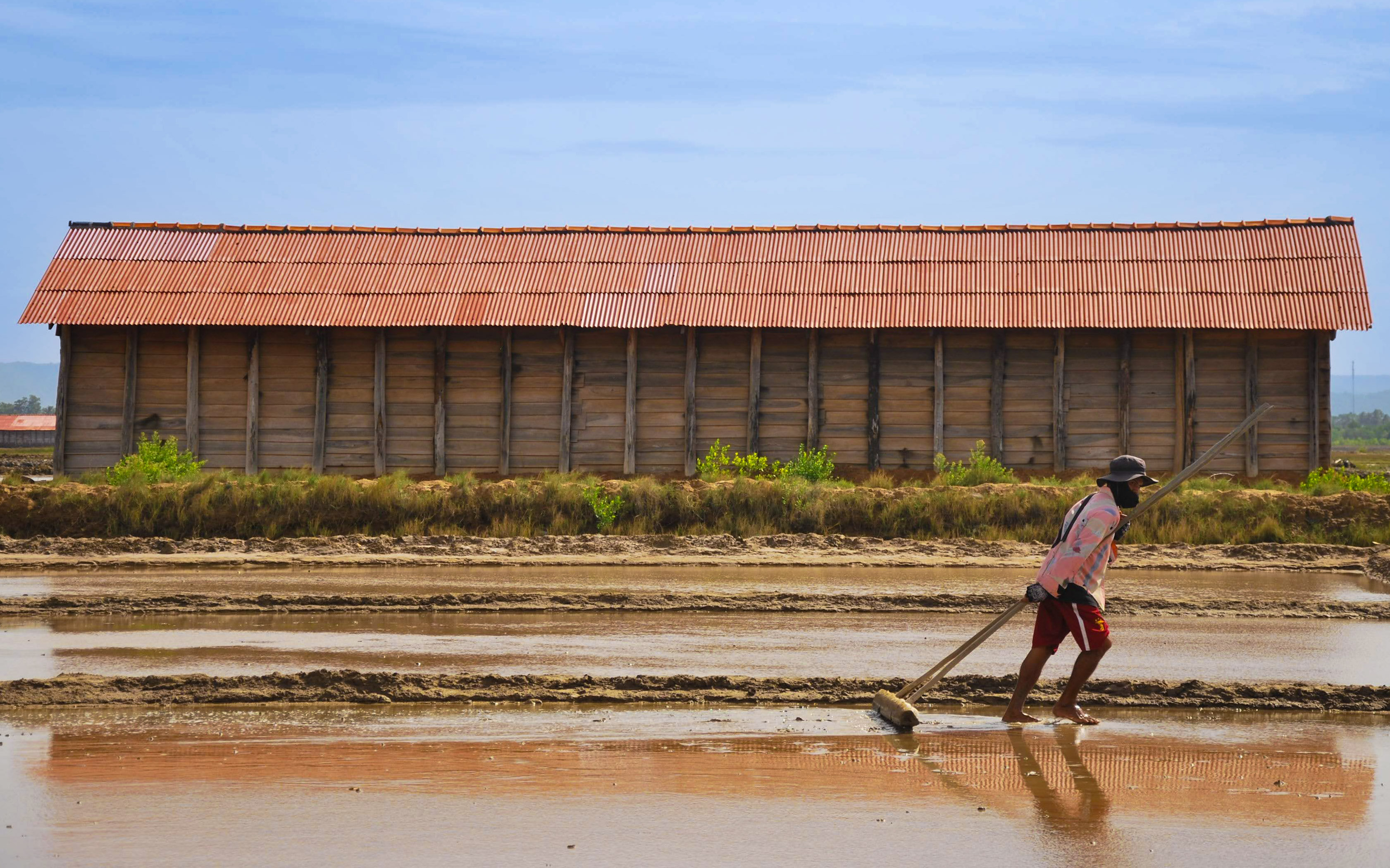 Sunrise light across Kampot salt pools